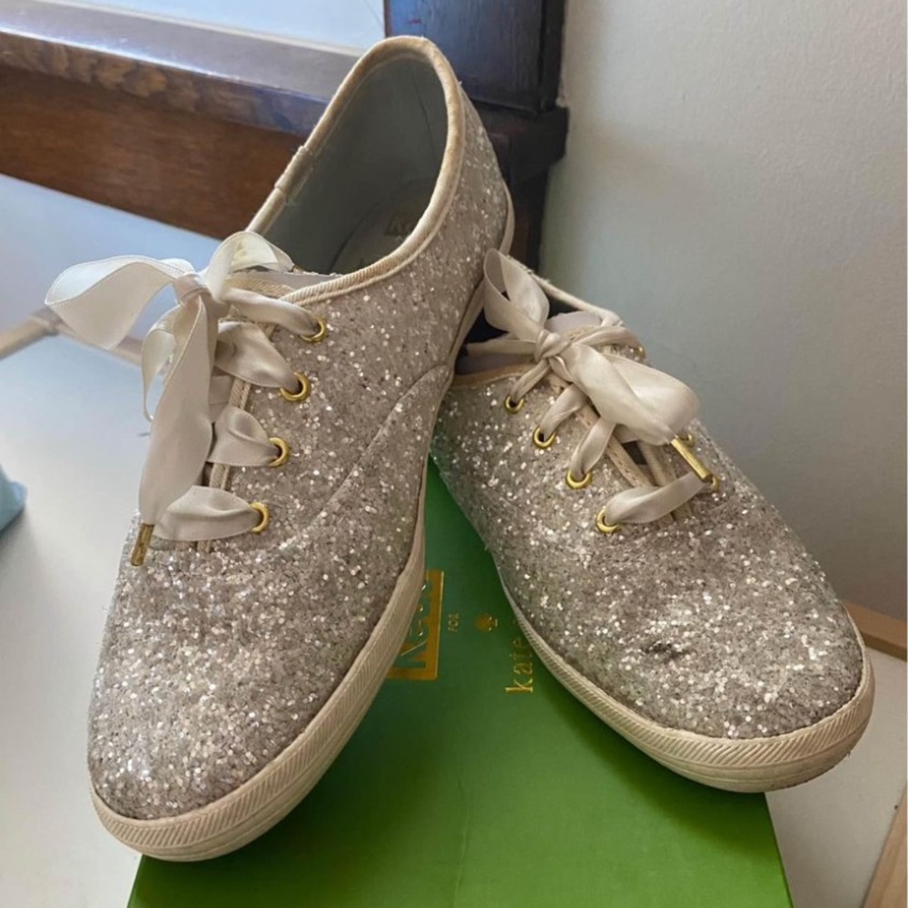 Kate Spade x Keds glitter ivory sneakers, size 7.5, bridal shoes
